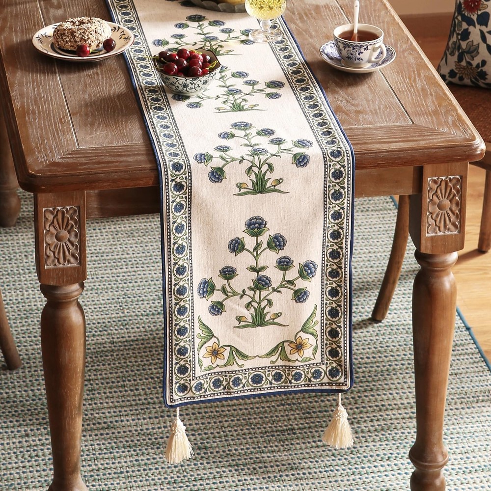 patdrea Designer Blue Rustic Elegant Floral Patterned Linen Table Runner 102 ...