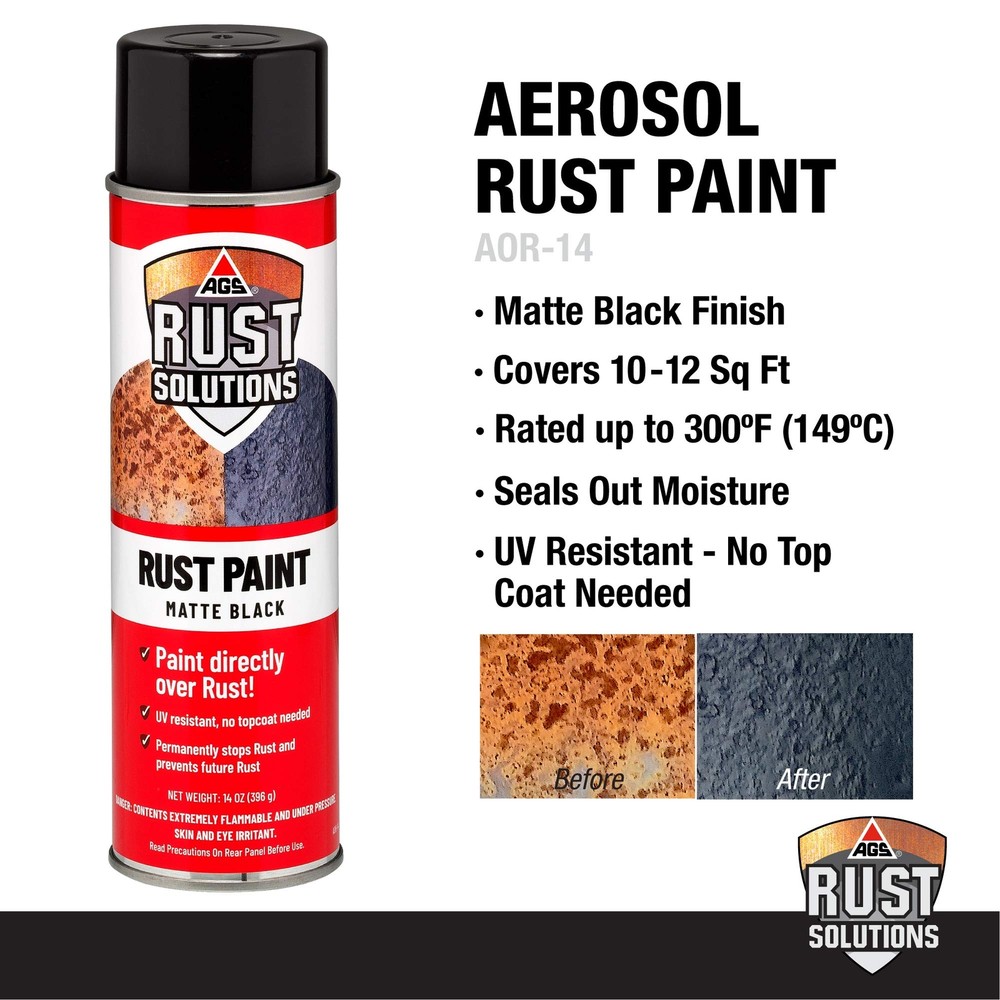 AGS RUST SOLUTIONS Rust Spray Paint 14oz Durable Matte Black Finish Safe for