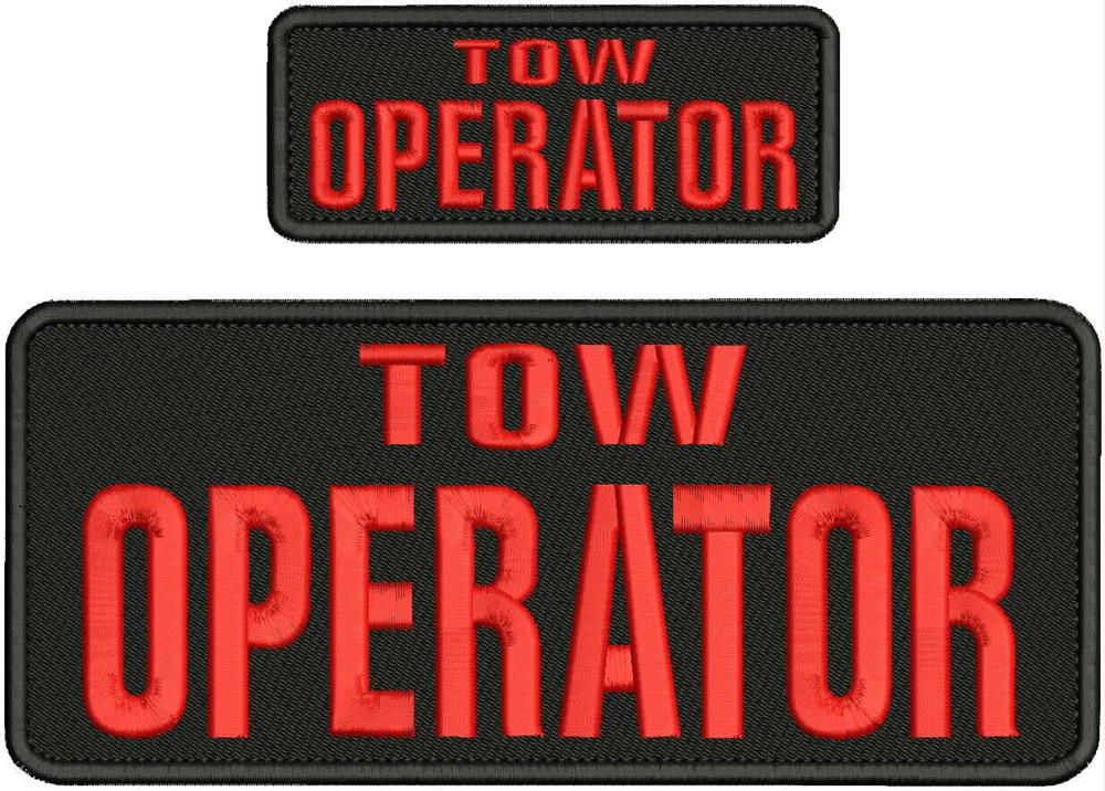 TOW OPERATOR EMBROIDERY PATCH 4X8X & 2X5 HOOK ON BACK RED ON BLACK