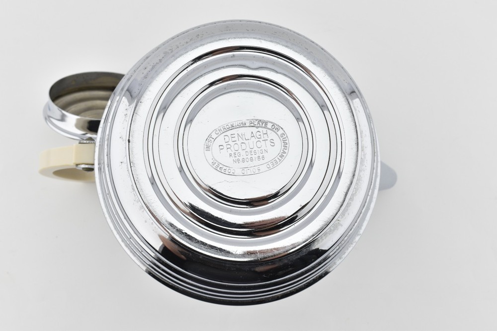 VTG Art Deco Tea Pot & Stand Denlagh Chromium Plate on Solid Copper 1930s Prop