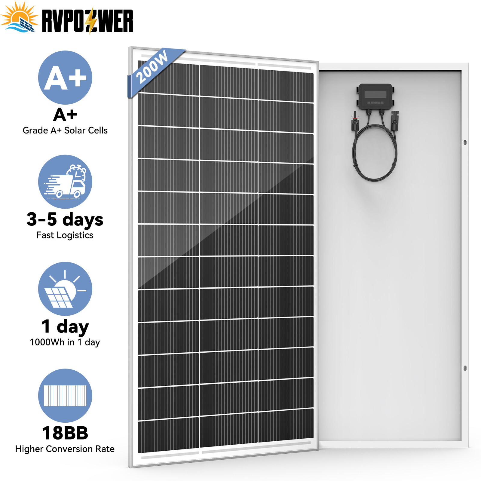 400W 12V Solar Panel 18BB N-type Battery Charge RV PV Home Off-Grid Battery Powe