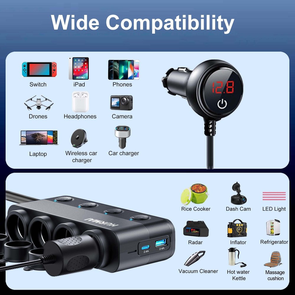 Car Cigarette Lighter Splitter 4 Socket 216W USB C Adapter 12V 24V
