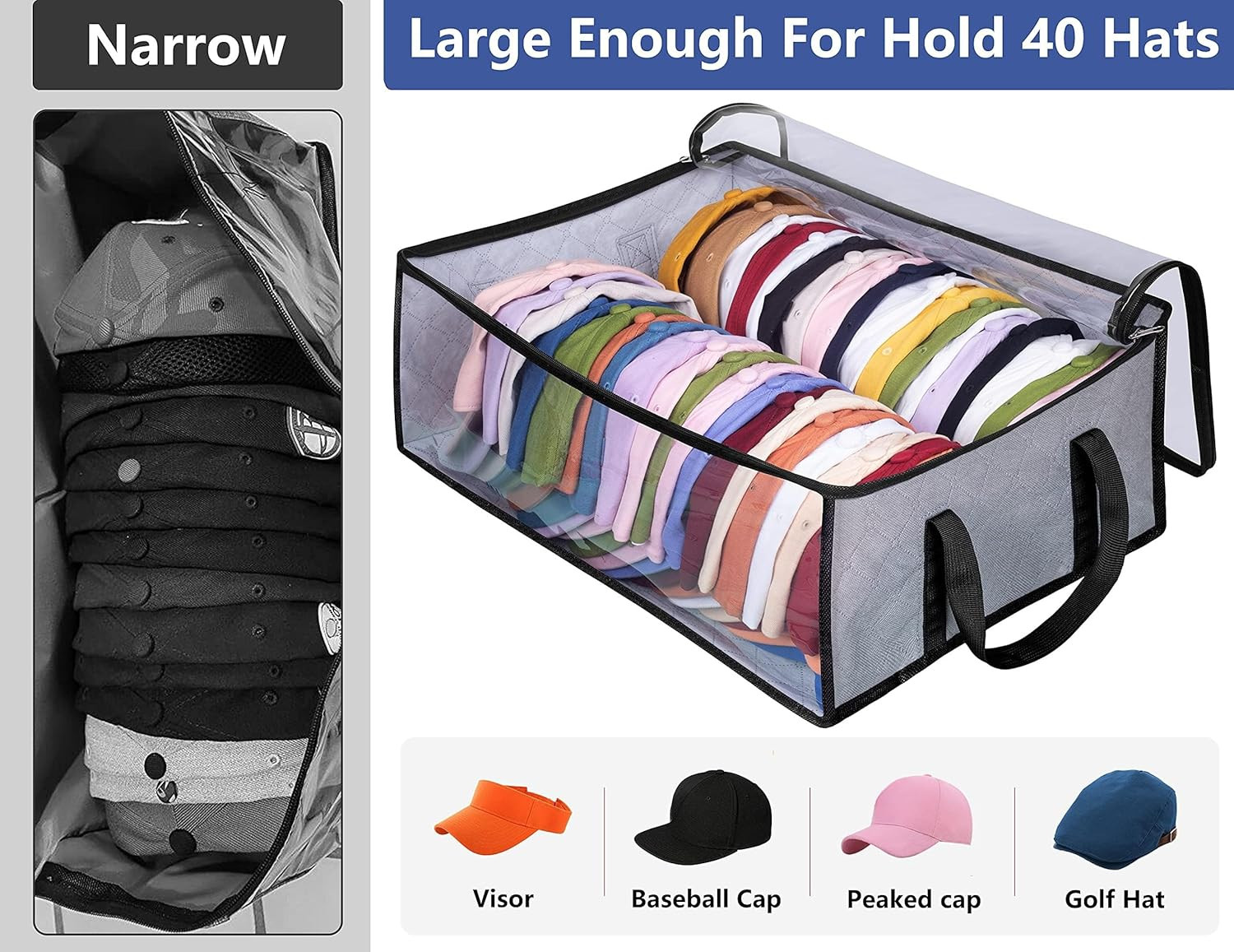 Large Baseball Cap Storage - Holds 40 Caps, Grey Hat Organizer