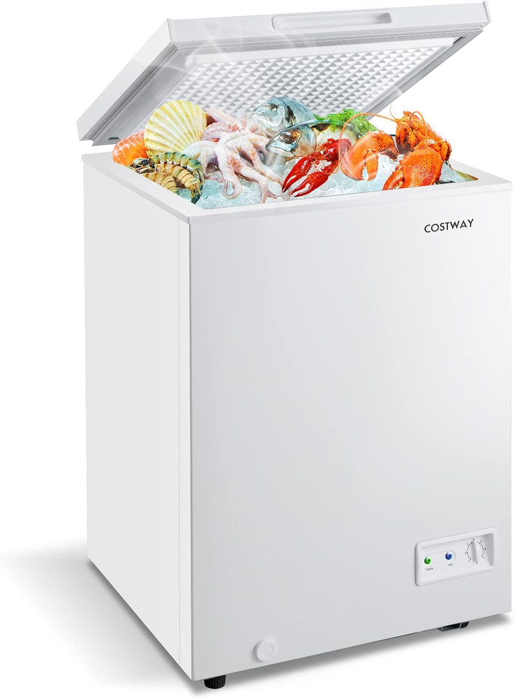 Compact 3.5 Cu.Ft Chest Freezer with Removable Basket & Rolling Casters