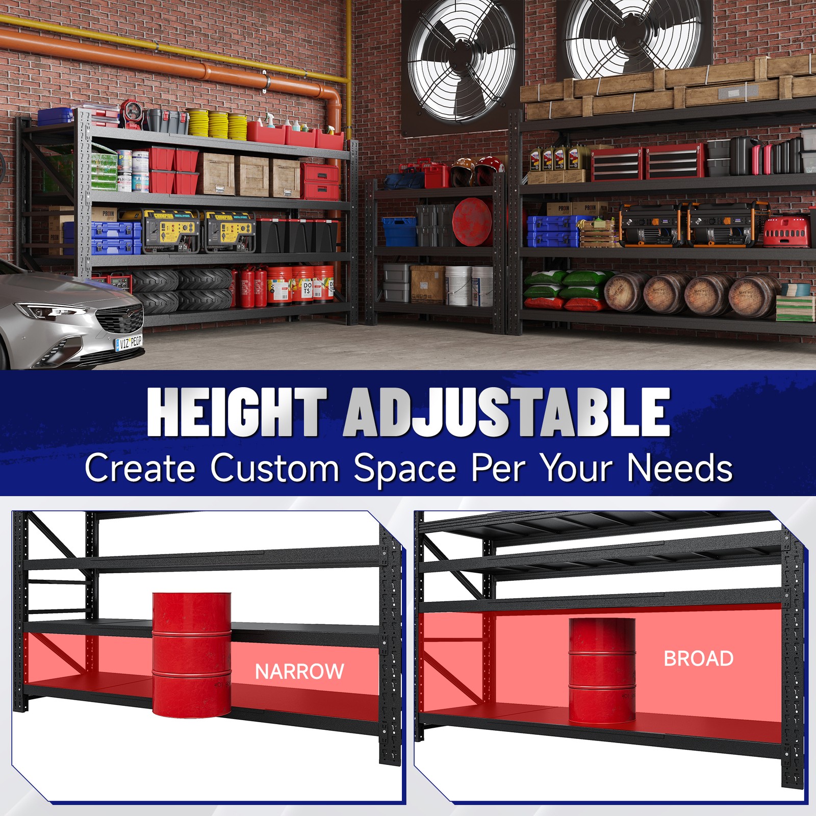 8000lb Heavy Duty Steel Shelves 68"W, Garage/Warehouse Rack Metal Storage Rack