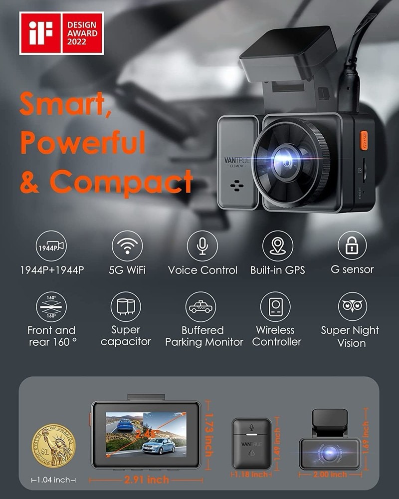 Vantrue Element 2 E2 2.5K WiFi GPS Dual Dash Camera Black