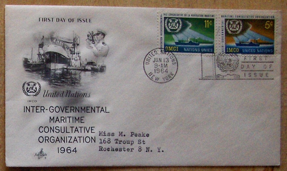 UN FDC INTER-GOVERNMENTAL MARITIME CONSULTATIVE NY 1964 with 2 stamps.