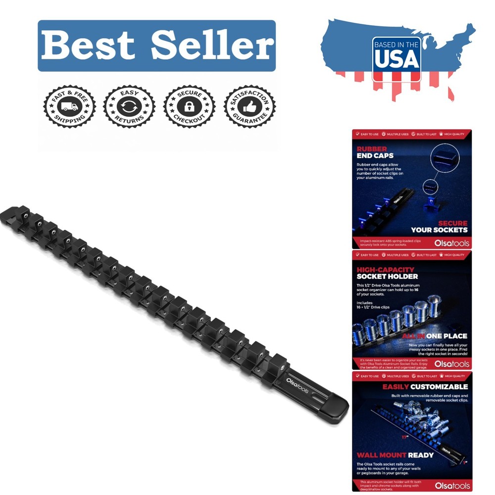 Professional Grade 1/2-Inch Drive Socket Organizer Rail - 16 Socket Holder
