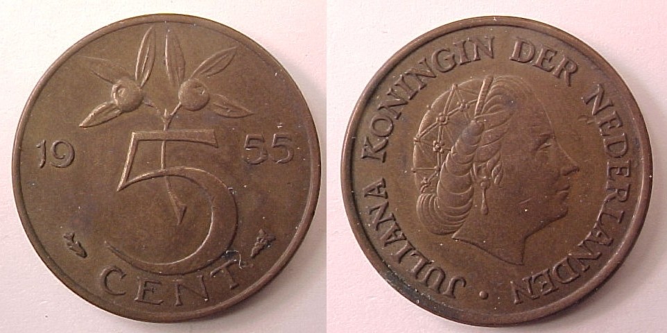 1955 Netherlands 15 Five Cent Extremely Fine XF