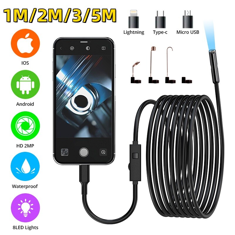 1/2/3/5M 8LED Borescope Endoscope Snake Inspection Scope Camera for iPhone iOS