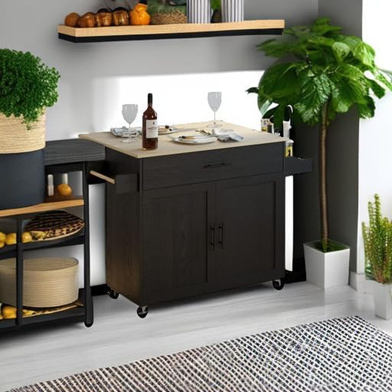 Rolling Kitchen Island Table on Wheels with Drop Leaf, Storage Cabinet, Drawer,