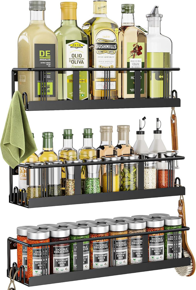 Spice Rack Wall Mounted 3 Pack, Space-Saving Spice Organizer for Spice Jars and