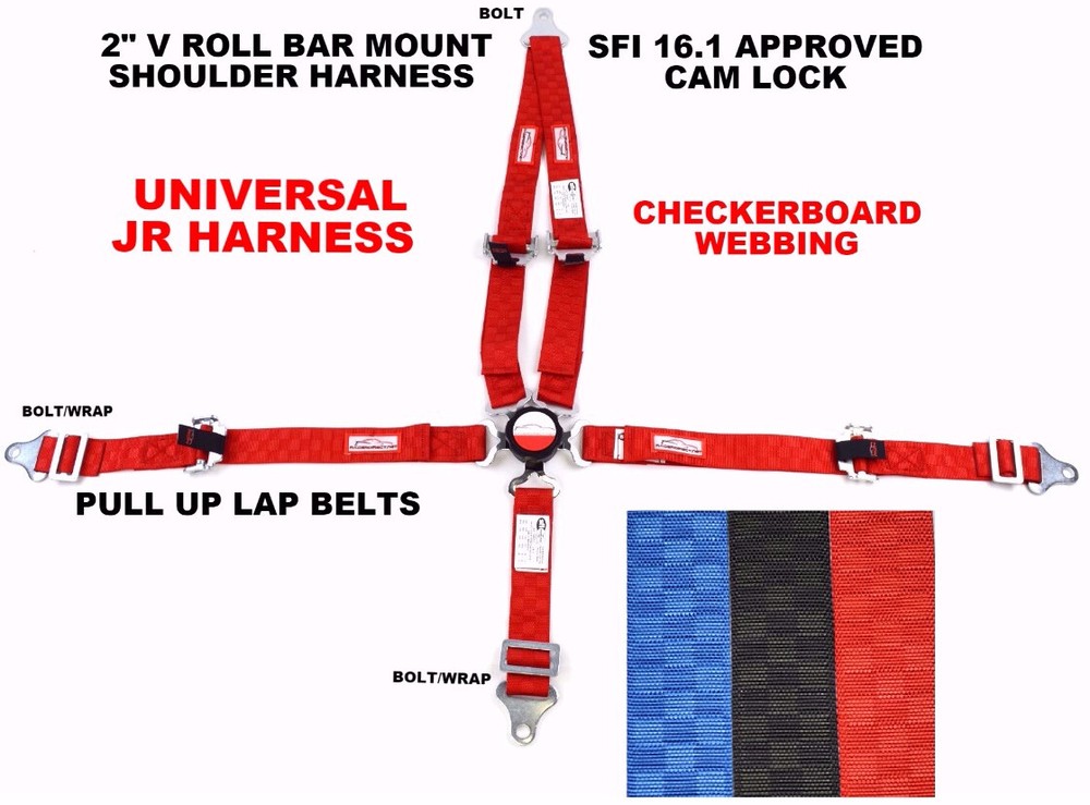JUNIOR UNIVERSAL RACING V HARNESS PULL UP CAM LOCK SFI 16.1 RED CHECKERBOARD