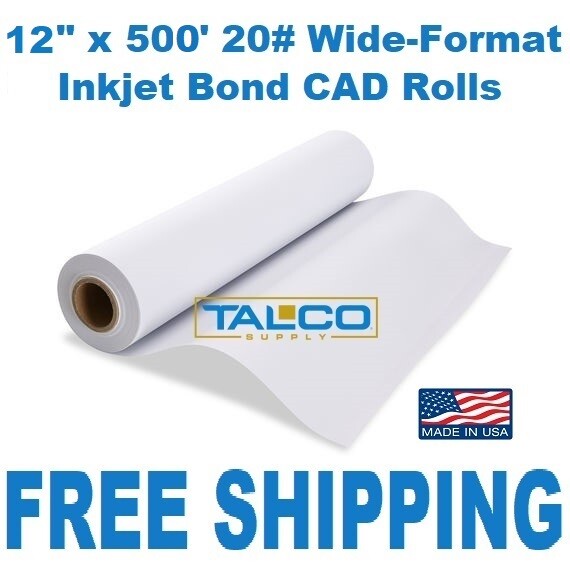 (1) 12" x 500' 20#, 92 Bright, 3" Core CAD Engineering Inkjet Bond Plotter Roll