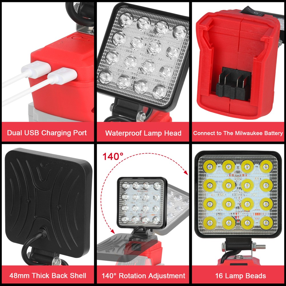 2 Pack 60W 18V LED Work Light Flashlight for Milwaukee M-18 Battery USB Output
