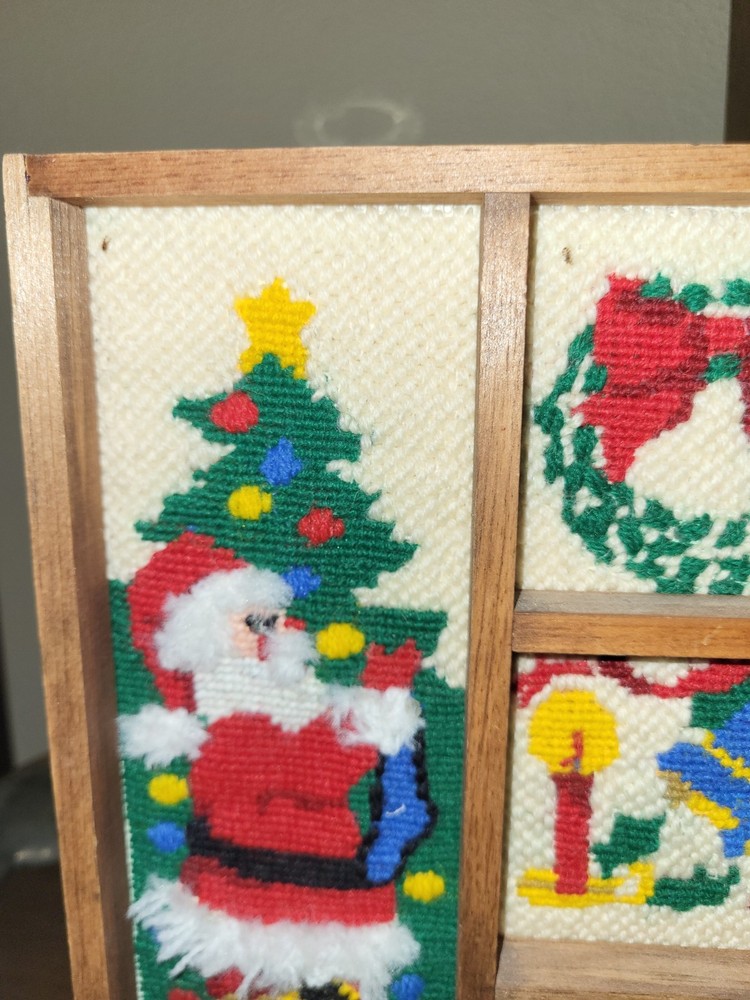 Vintage Christmas Needlepoint Shadow Box Rare Completed