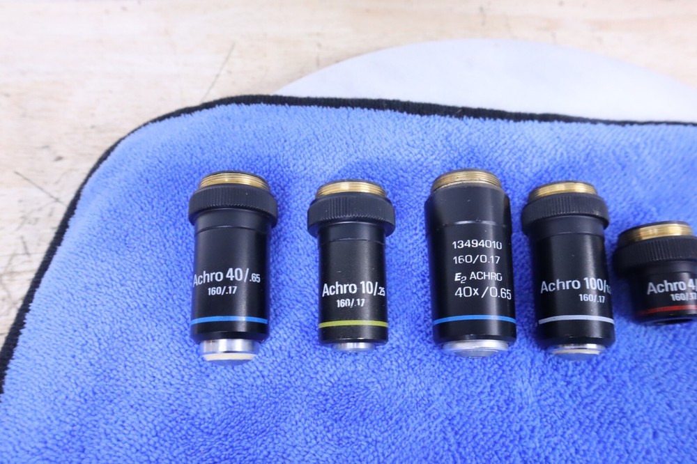 x5 Used Leica Achro Microscope Objectives #32016 32012 32015 32013 & E2 Germany