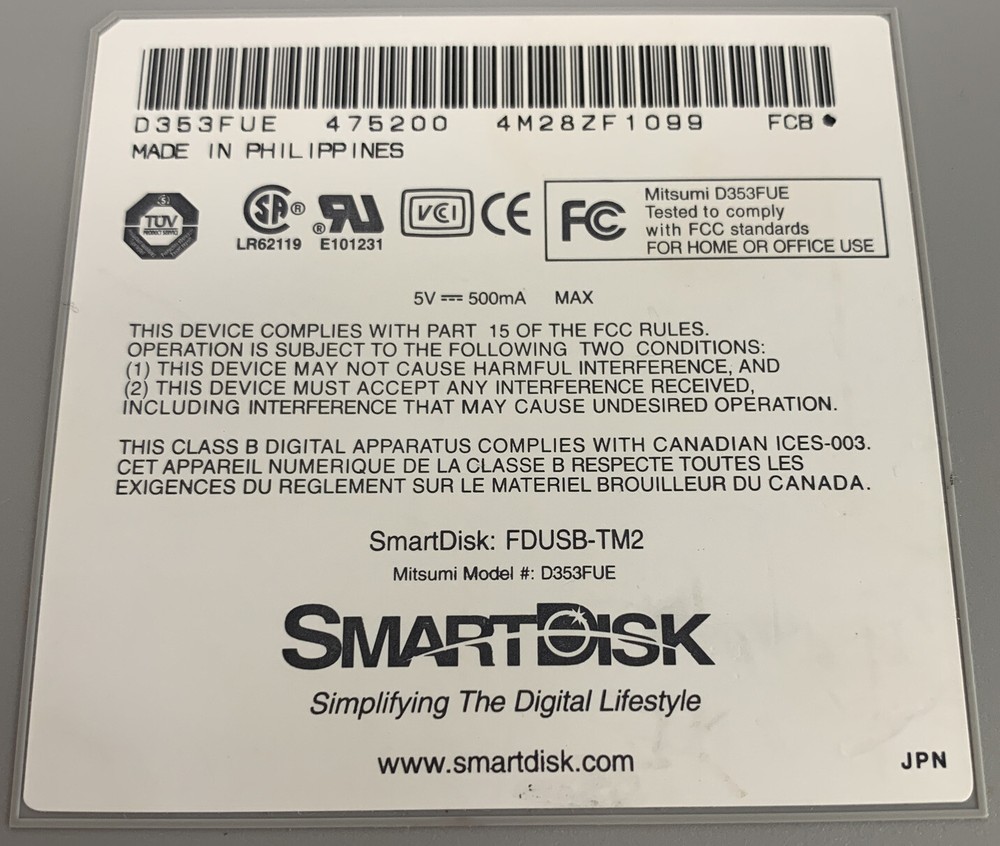 SmartDisk FDUSB-TM2 USB External 3.5" Floppy Disk Drive Mac PC laptops