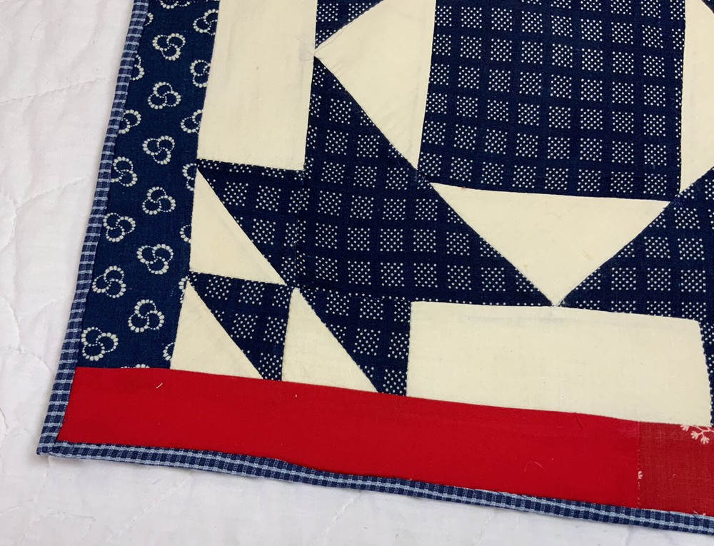 Vintage Antique Patchwork Quilt Table Topper, Triangles, Early Calicos, Navy