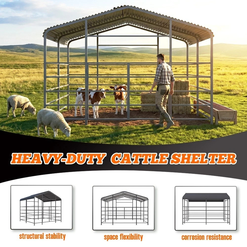 13x13FT Metal Farm Animal Shelter Livestock Shed Cowshed Outdoor Pasture Housing