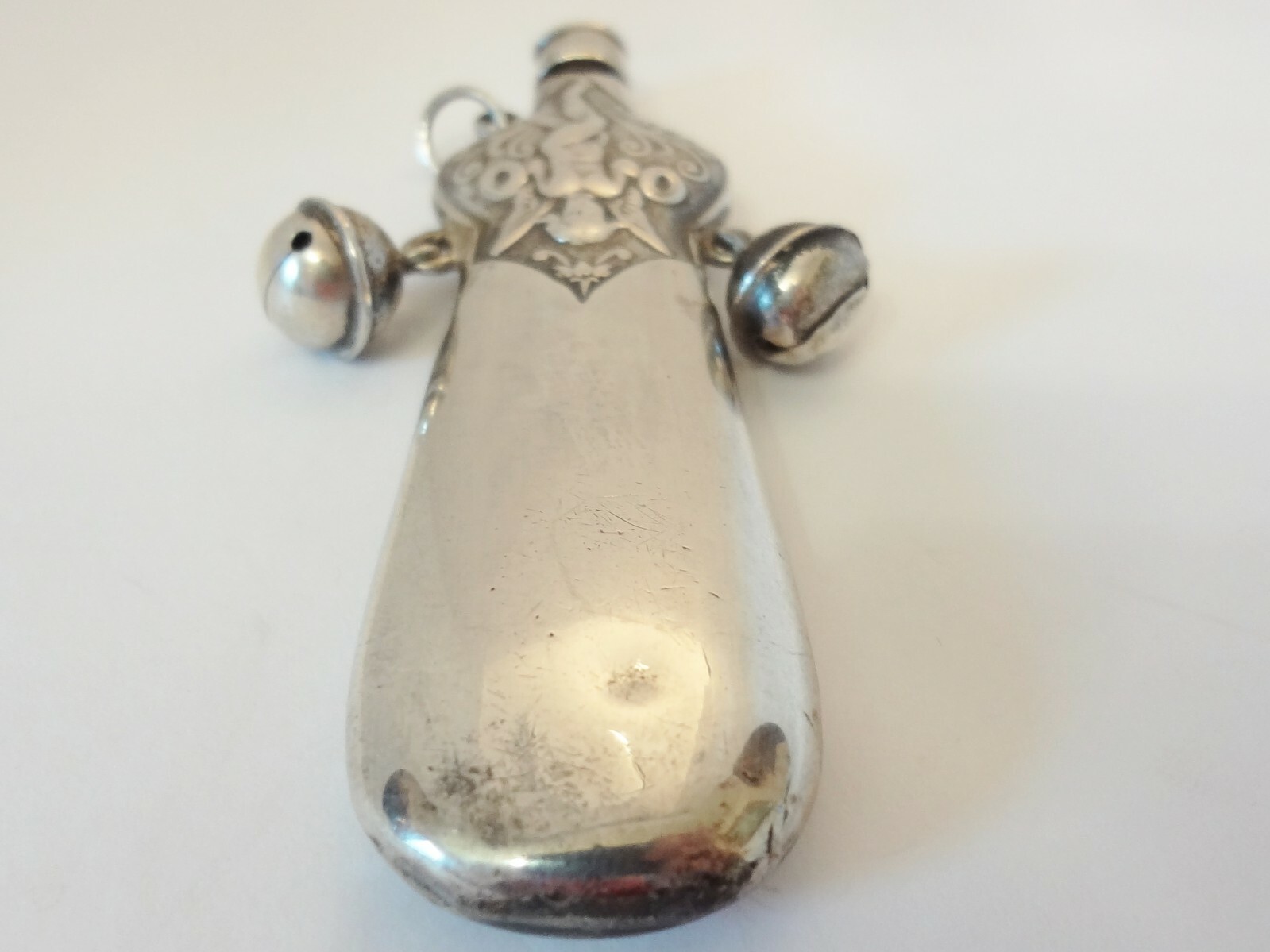 Antique Sterling Silver Baby Rattle Whistle w/ Bells Repousse Cherubs