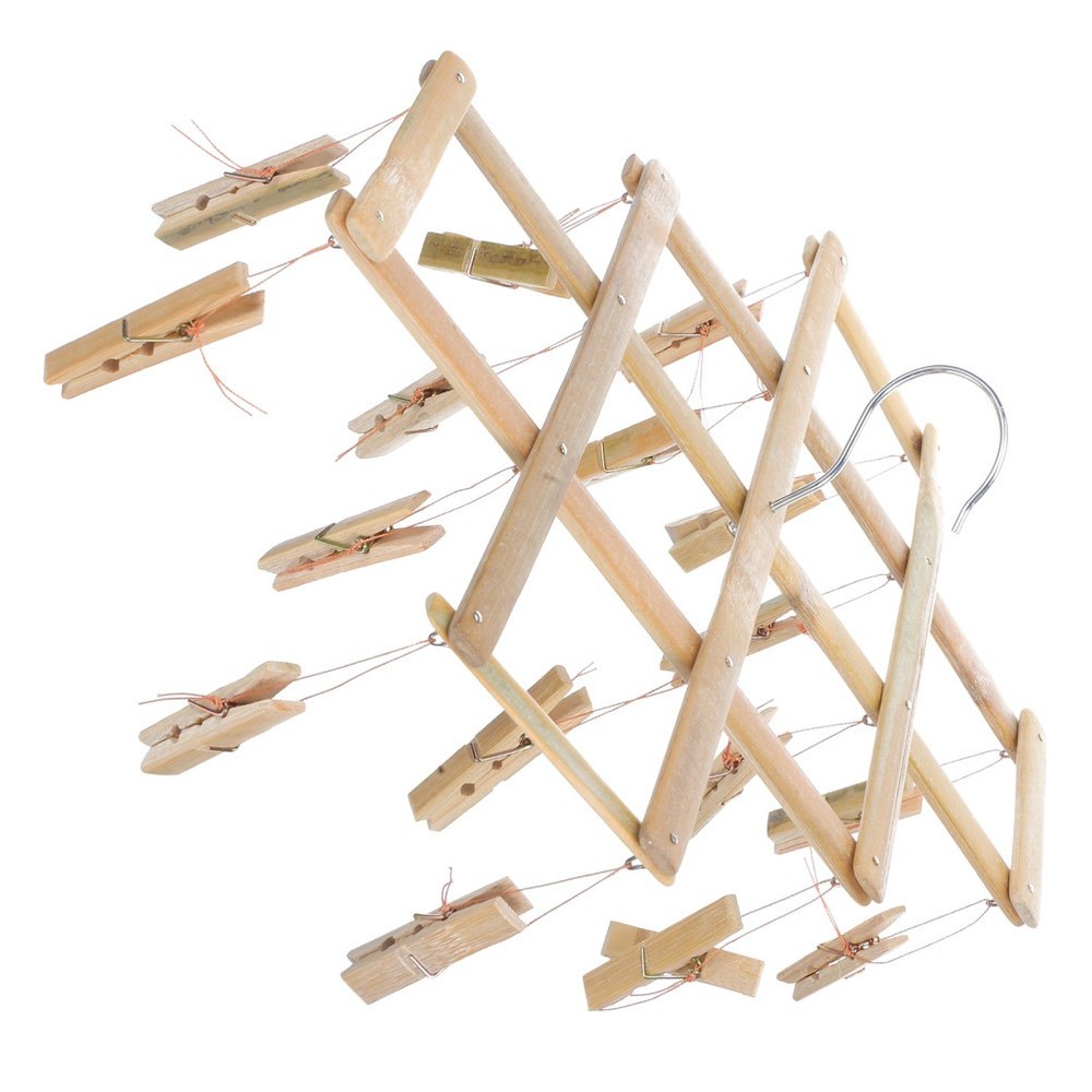 Bamboo Laundry Drying Rack With Windproof Clothespin Hooks
