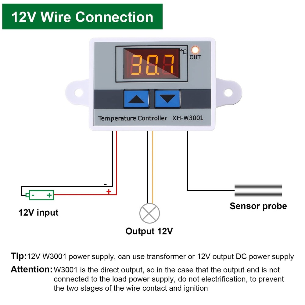 Digital LED Thermostat Switch with Probe, Programmable Heating/Cooling, 12V 10A