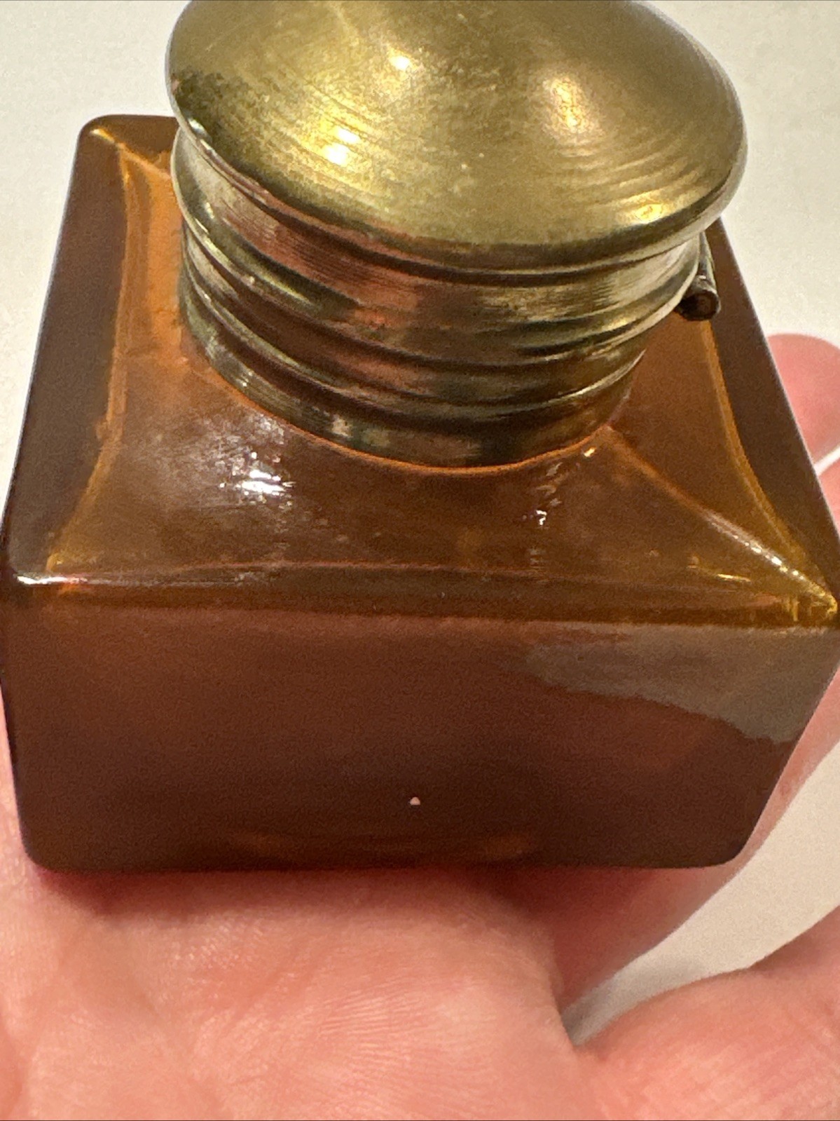 Vintage Amber Glass Inkwell with Brass Cap - Small Collectible Ink Pot