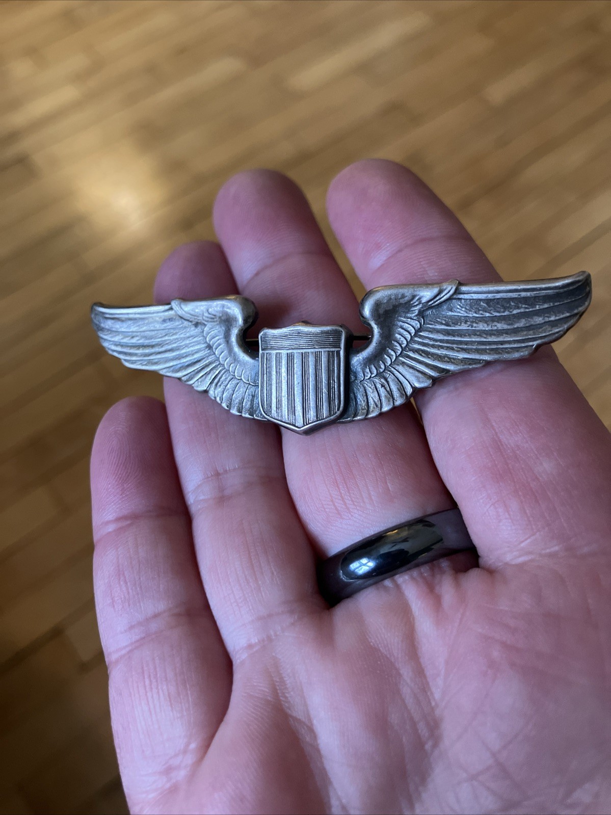 Vintage Sterling Silver WWII Military Pilot Aviator Wings Pin A.E. Co Utica NY