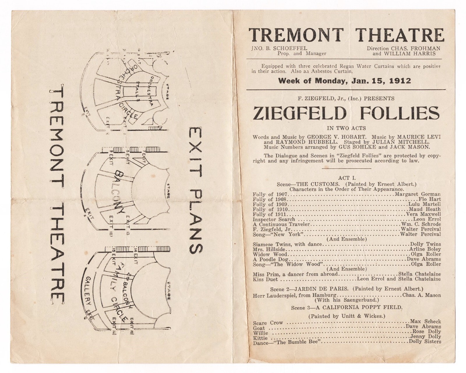 Bert Williams "ZIEGFELD FOLLIES" Fanny Brice / Dolly Sisters 1912 Boston Program