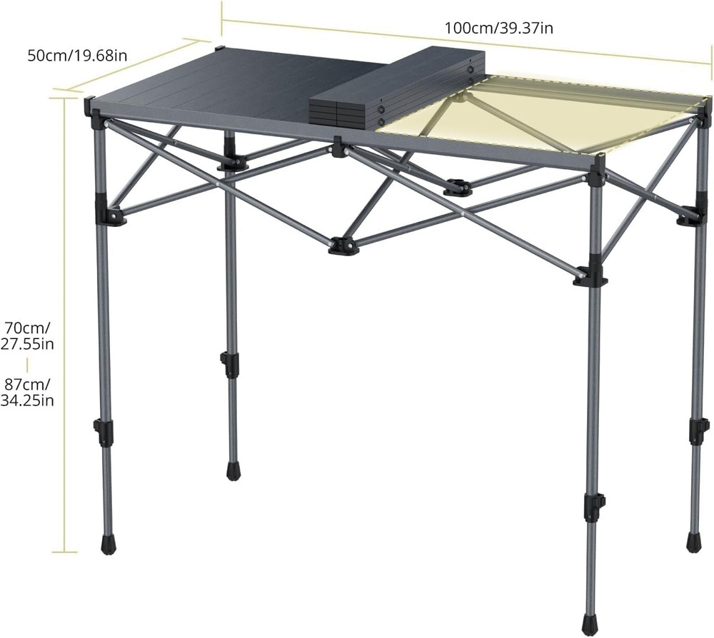 34.2” Tall Camping Table Foldable, 2 Adjustable Height Large Roll up Camping Tab