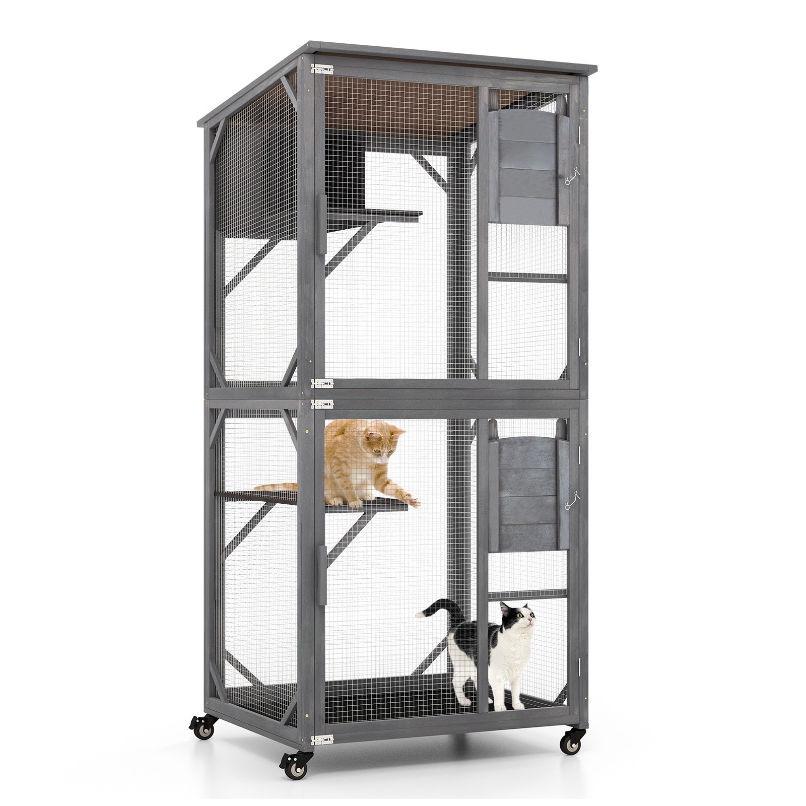 72" Wooden Cat House Indoor Outdoor Kitten Enclosure Kennel Condo on Wheels Grey