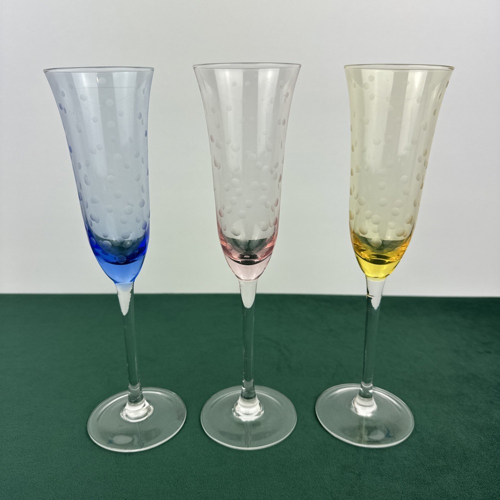 (3) Delicate Multi-Colored Bubble Circle Design Champagne Flute Glasses