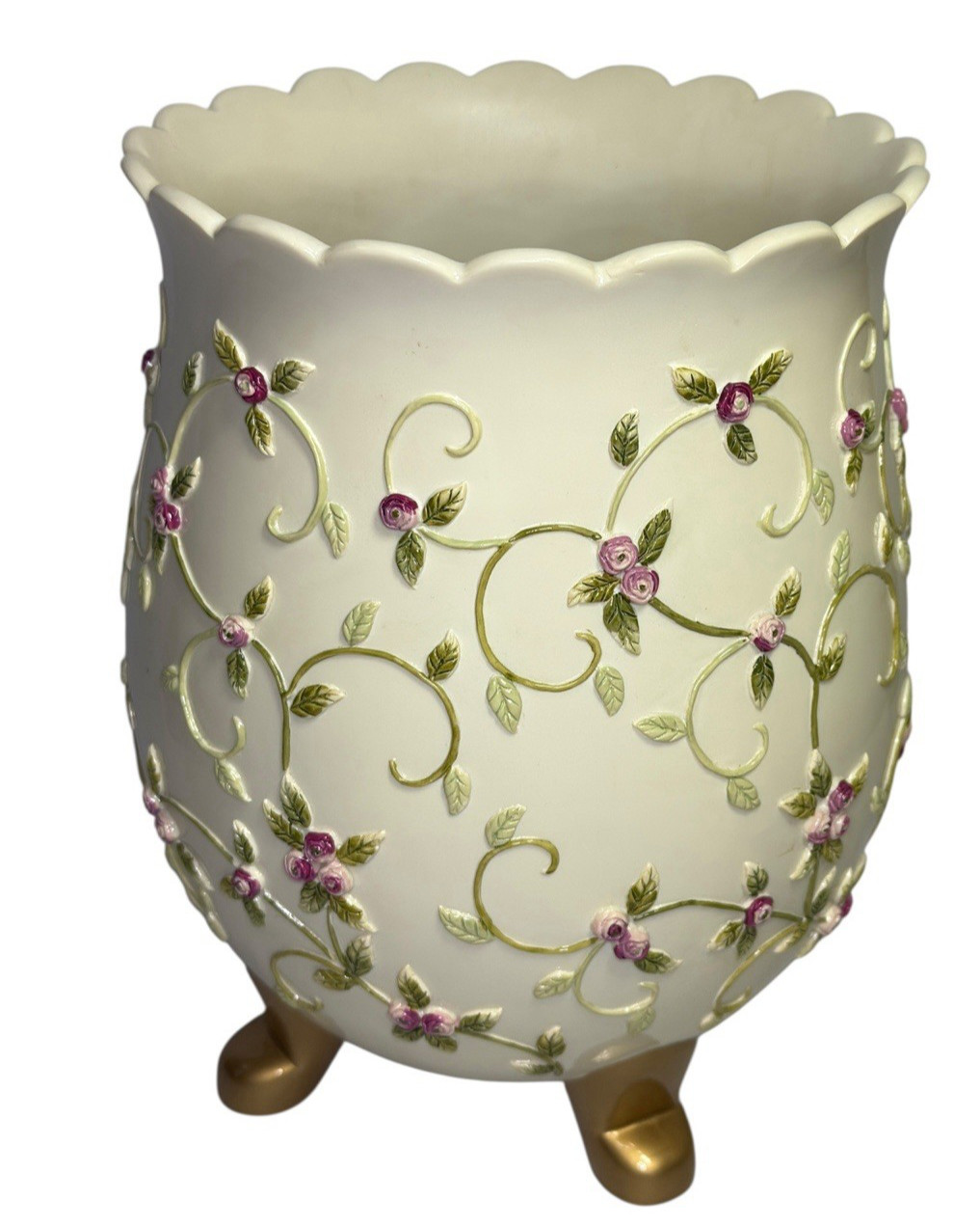 Wamsutta Rosebuds Wastebasket Resin Trash Can Shabby Chic Rose Floral Romantic