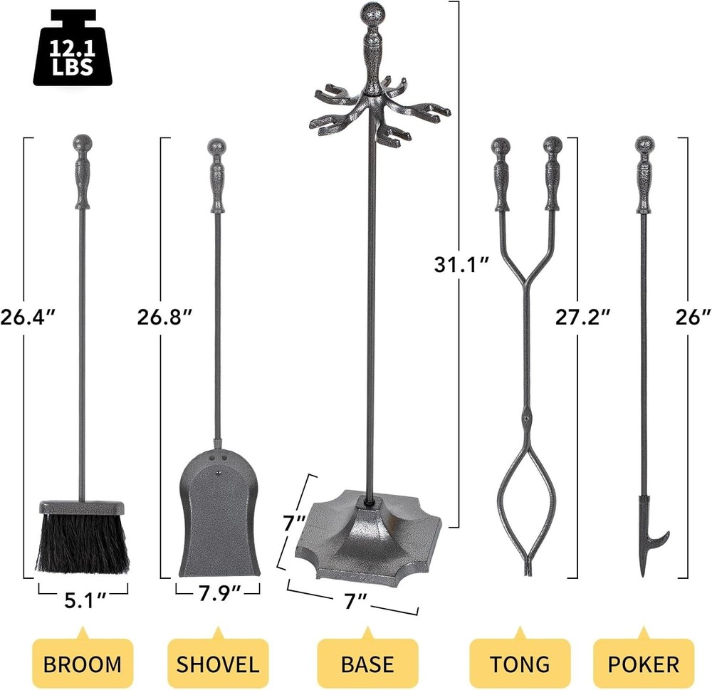 Wrought Iron with Silver Pattern Fireplacenalone 5 Pieces Fireplace Tools Set,