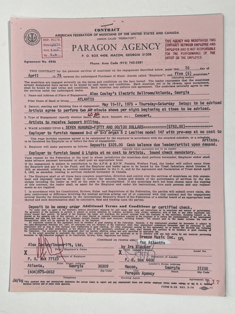 Atlantis Concert Contract 1975 Atlanta Ga