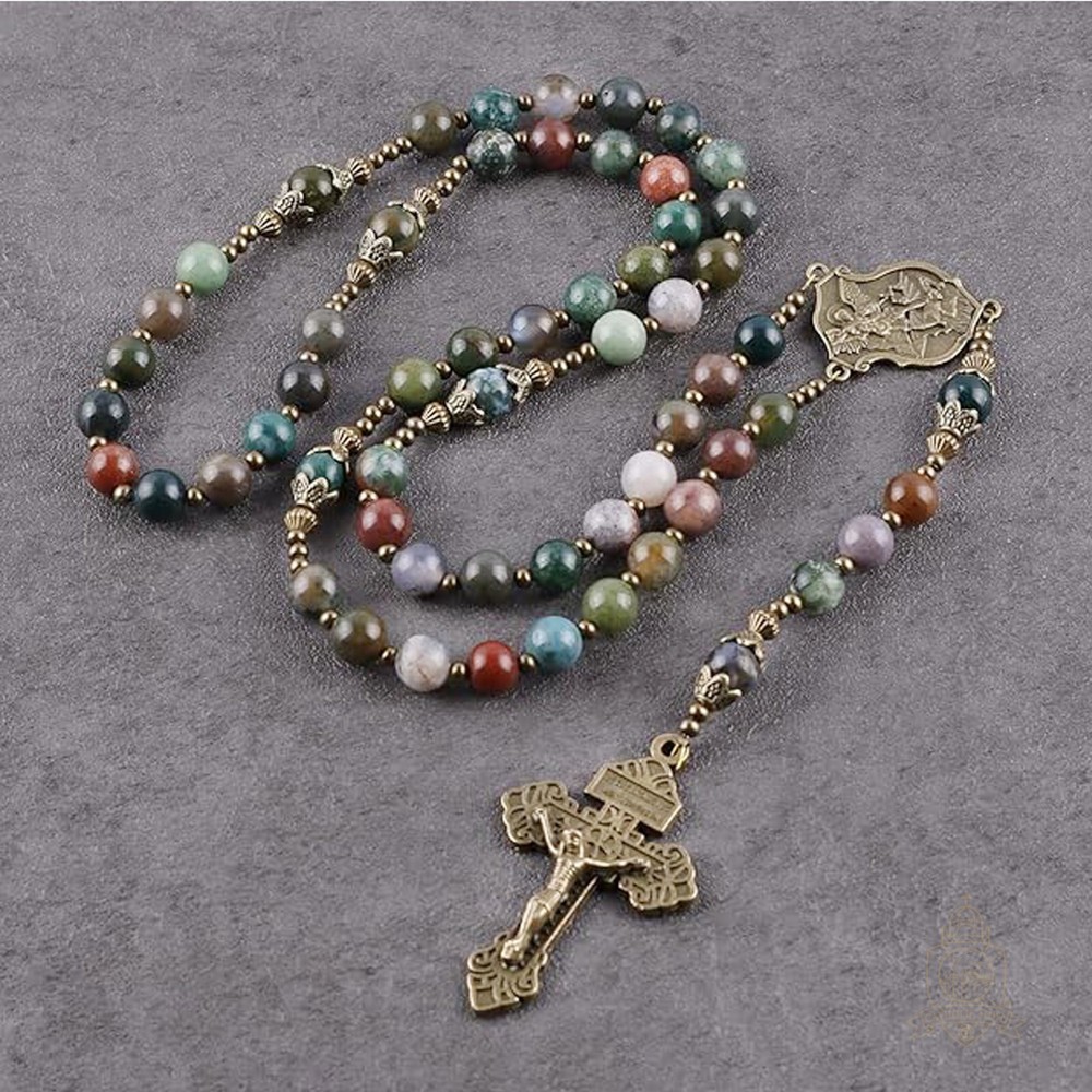 Catholic Town India Agate Natural Stone Beads, Rosary with Caps St Michael medal