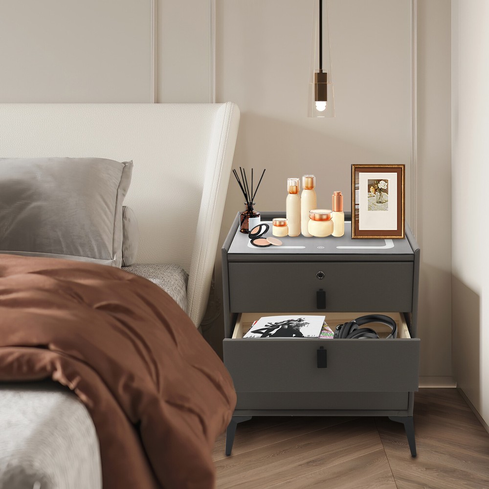 Smart Bedside Table + Three-color Light+Drawers+Usb&wireless Charging Dark Grey