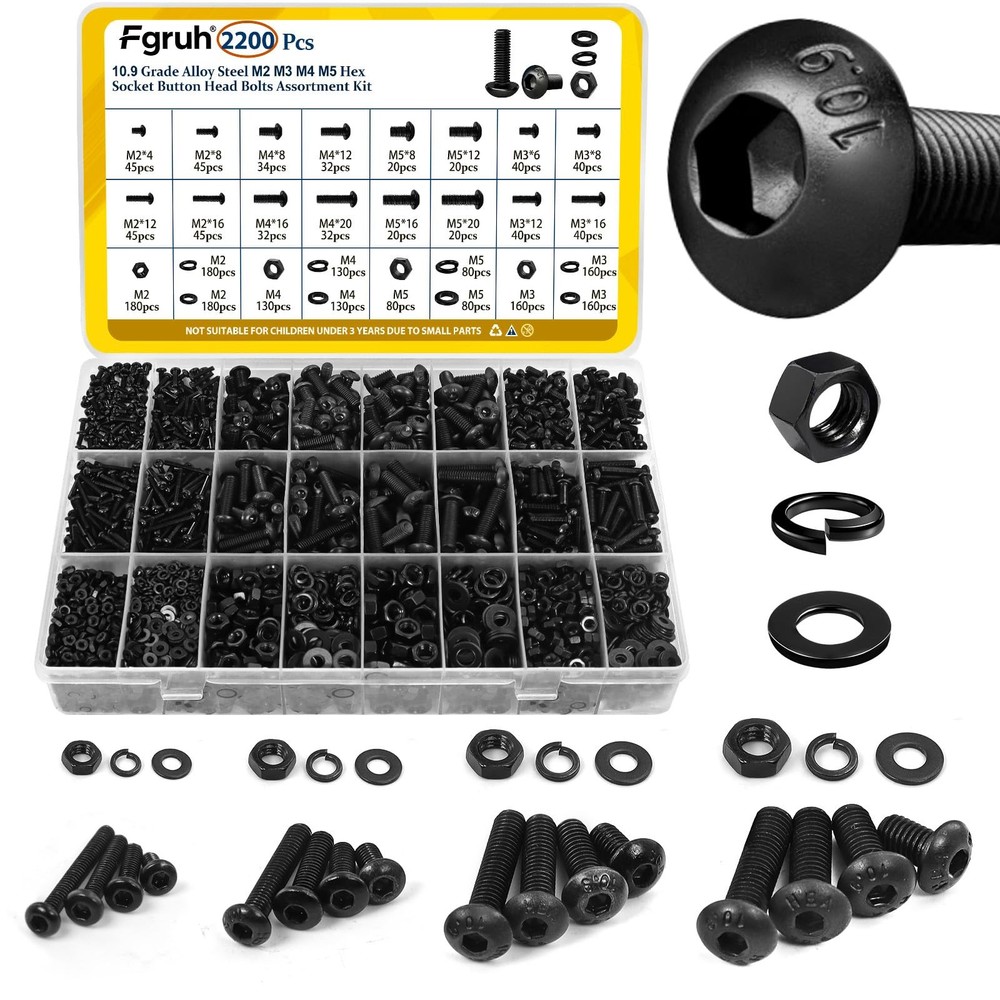 Fgruh 2200PCS M2 M3 M4 M5 M5, Black-Hex Socket Button Head