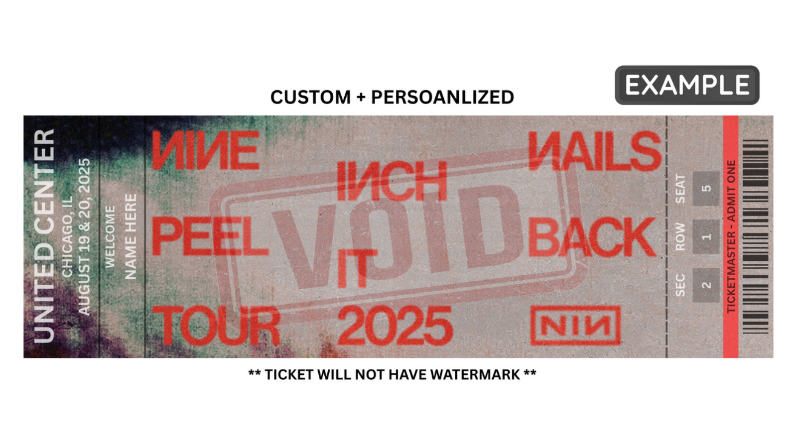 Nine Inch Nails (NIN) Peel It Back Tour 2025 Custom Commemorative Concert Ticket