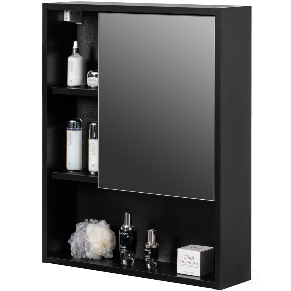 Wall Mount Bathroom Mirrored Storage Cabinet with Open Shelf | 2 Adjustable She
