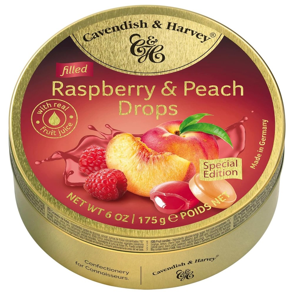 Raspberry Peach Filled Hard Candy Drops 6 Ounce Tin
