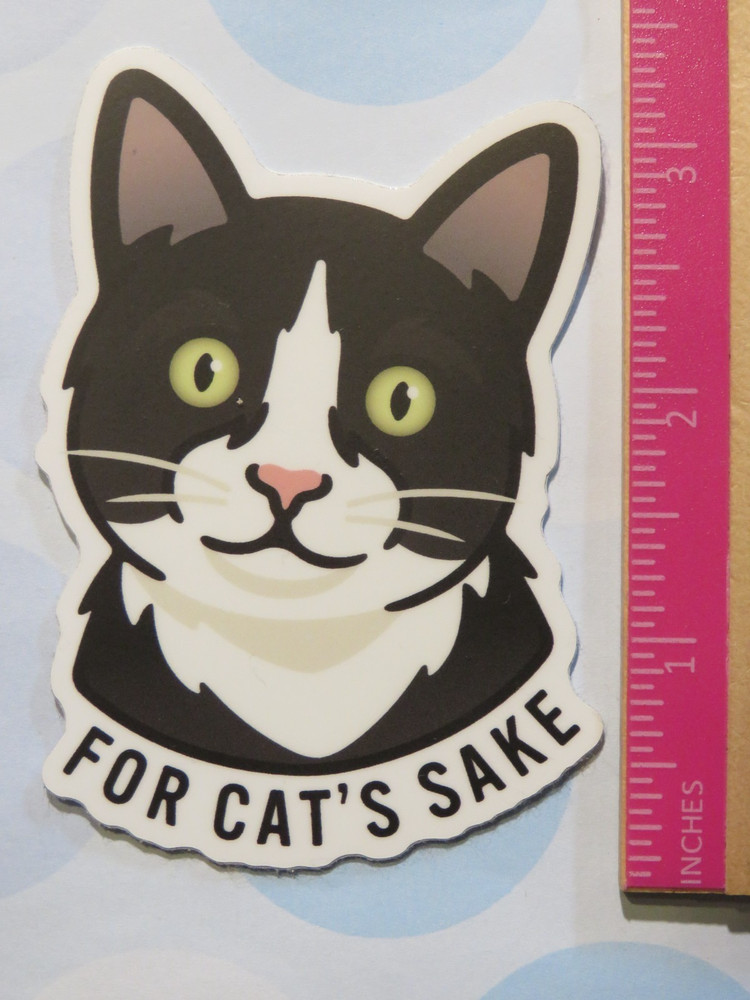Funny 4.4" STICKER "FOR CAT'S SAKE" Kitty Cat Staring Intently Design