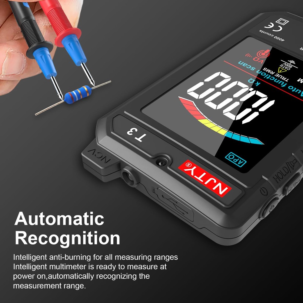 Multimeter, 4000 Counts, Rechargeable Auto-Ranging Digital Voltmeter with Non...