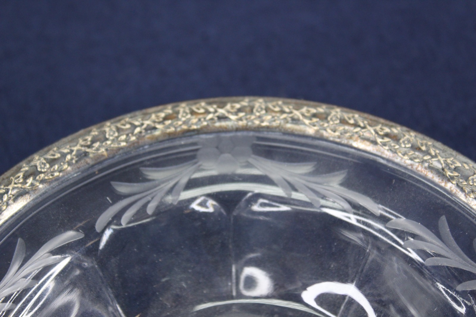 VTG Cut Glass with Sterling Silver Rim Bowl Berry and Leaves Pattern 6 1/2 inch