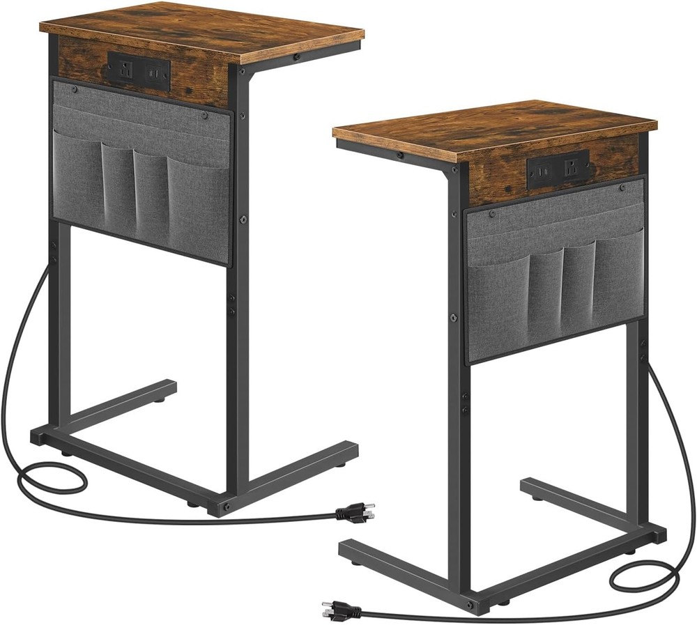 C Shaped End Table W/ Charging Station 28" H Couch Side Table Slide Under Sofa