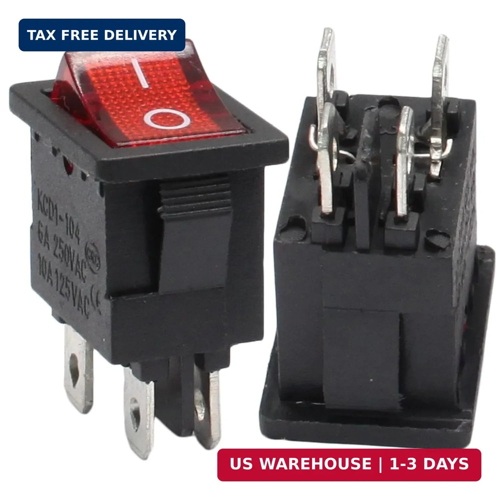 5 Pack Mini Rocker Switch, On-Off Power Switch Red Button 4 Pin Toggle Switch, L