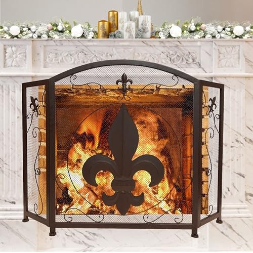 3-Panel Fireplace Screen Decorative with Fleur De Lis Design, Classic Dark