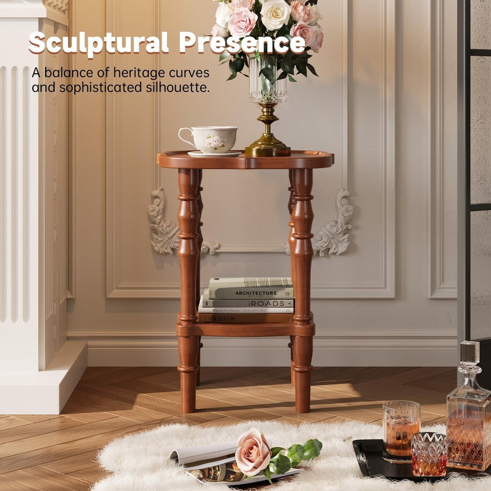 100% Solid Wood Side Table, Vintage 2-Tier Small Round End Table, Nightstand ...