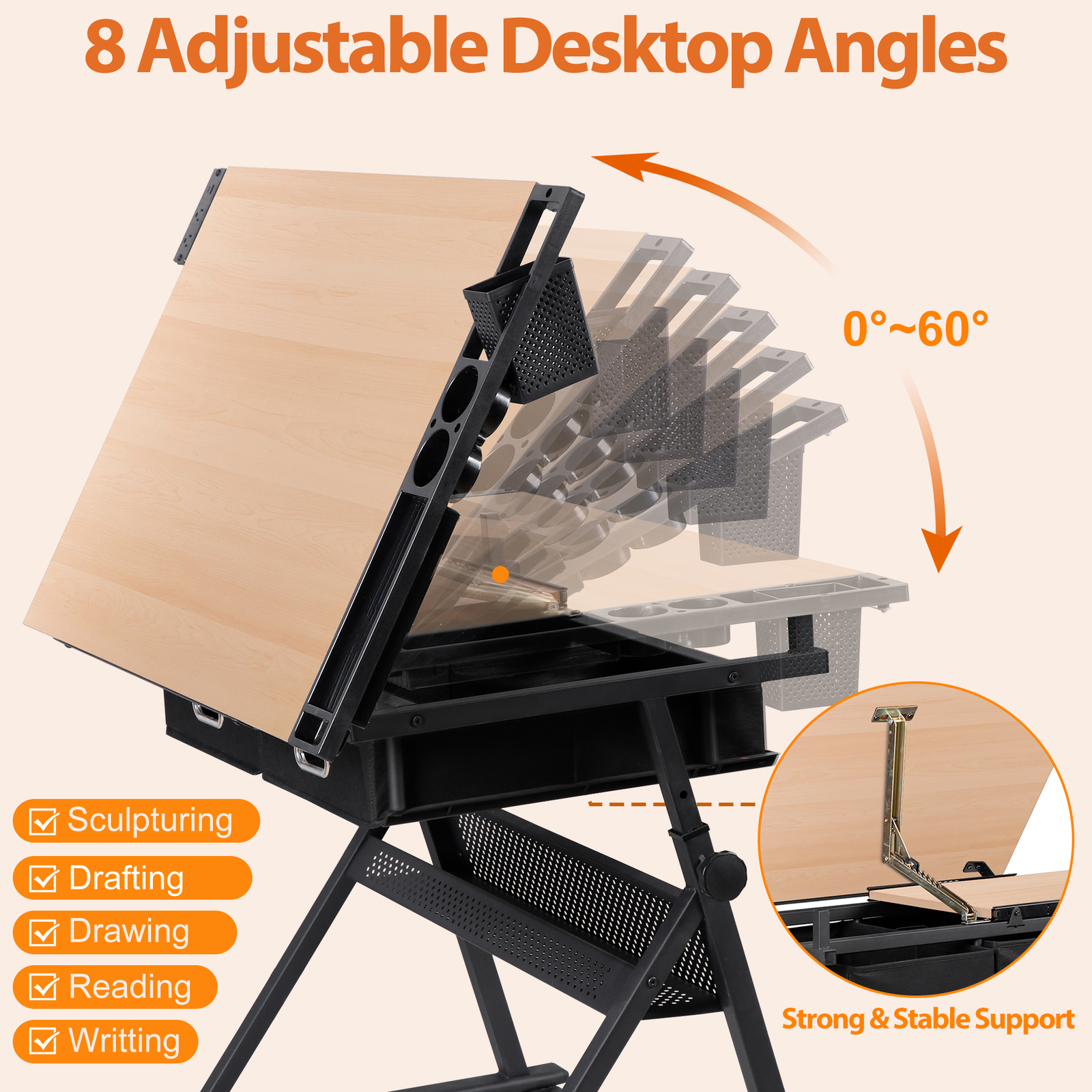 Drafting Table Drawing Desk Adjustable Tabletop with Charging Station & Stool